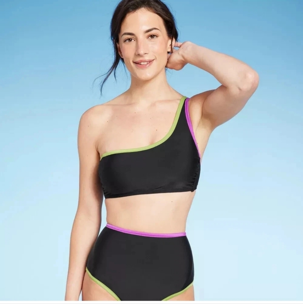 Women's Contrast Binding One Shoulder Bralette Bikini Top & Bottom - XS
